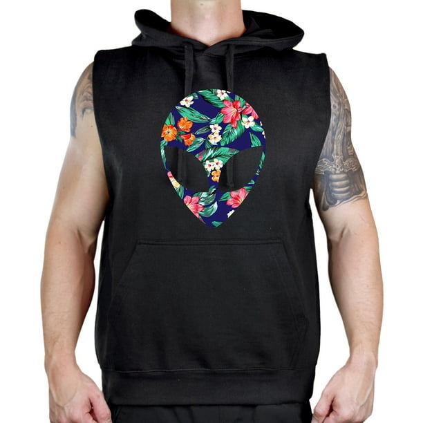 Mens Hawaii Floral Alien Head KT B1209 Black Sleeveless Vest Hoodie Mens Hawaii Floral Alien Head KT B1209 Black Sleeveless Vest Hoodie